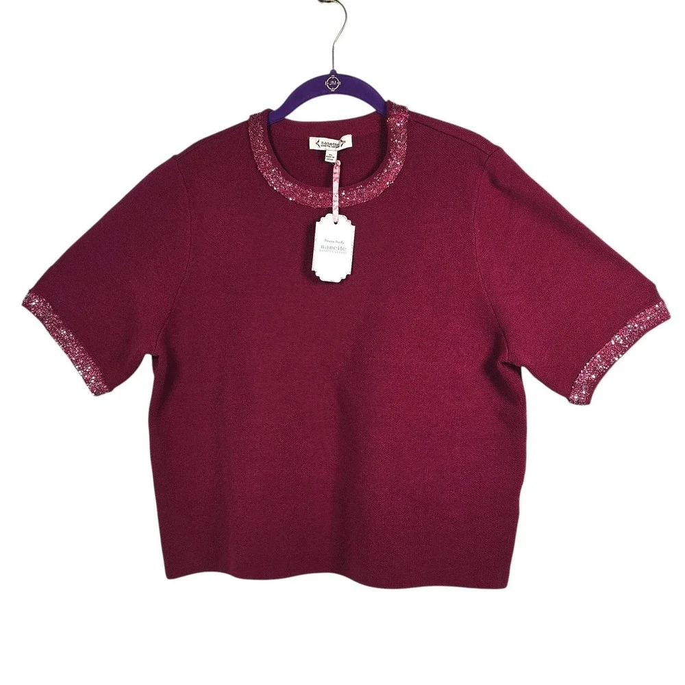 Nanette Lepore Merlot Sequin Trim Short Sleeve Knit‎ Sweater Woman Large NEW